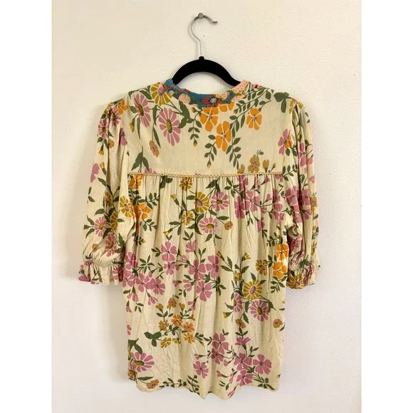 Boho Floral Peasant Blouse Embroidered Yoke Cottagecore Anthro Blank NYC Large - Picture 4 of 6